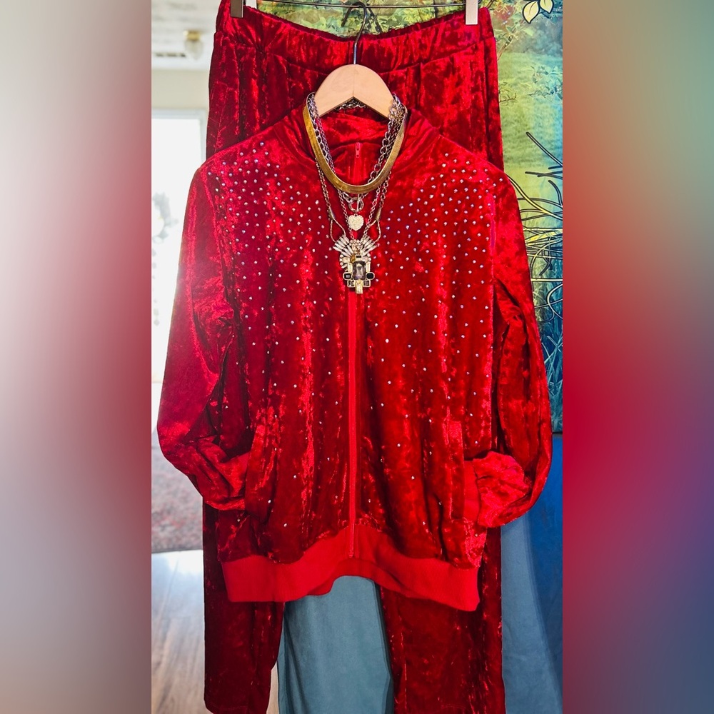 Essentials Red Velour Track Pants & Jacket Set with Rhinestone Embellishments